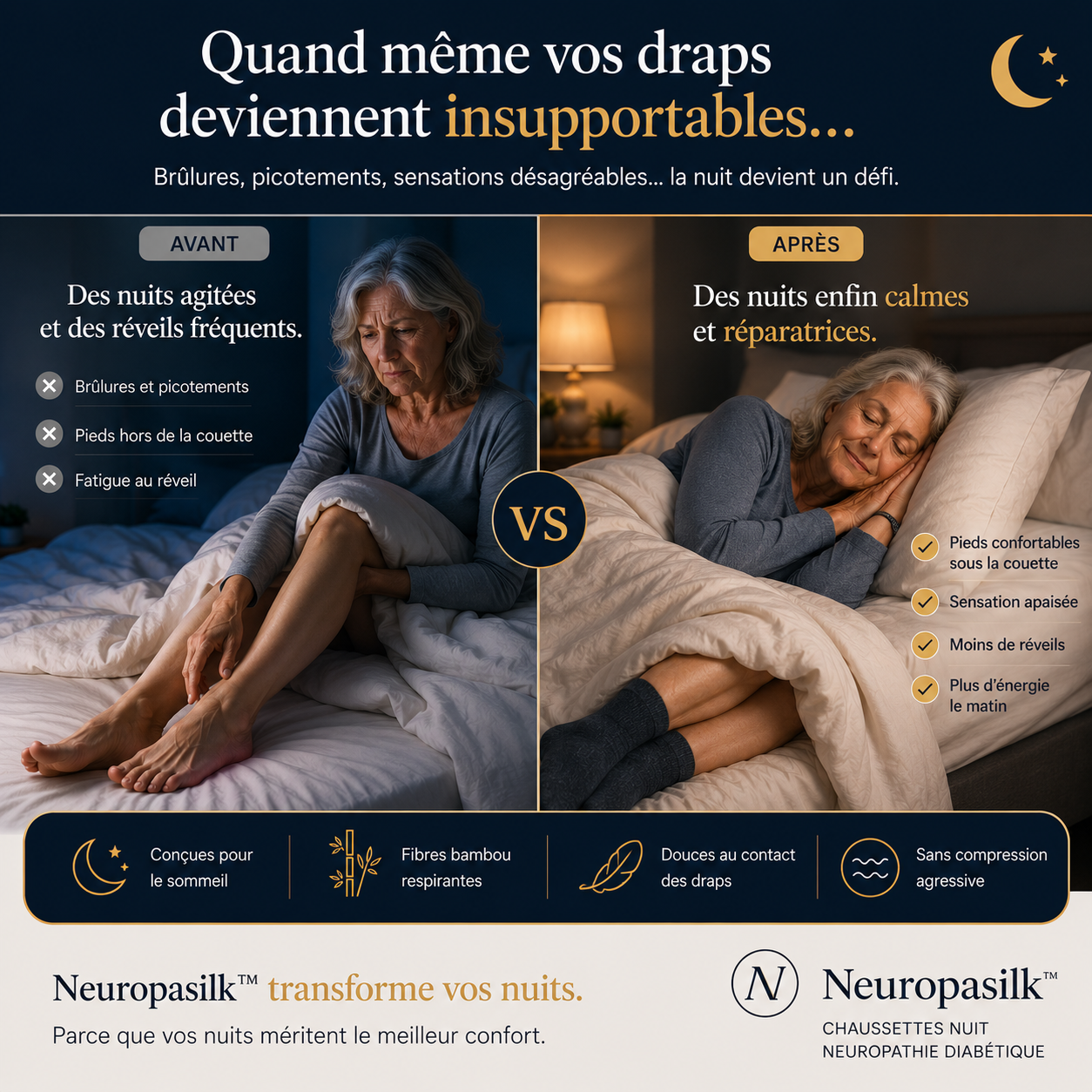 NeuropaSilk — Chaussettes Nuit Bambou | Pieds Sensibles